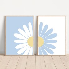 Mc Home Art Doğal Ahşap Çerçeveli Uv Baskı 2'li Mavi Papatya Desenli Tablo Seti – Modern & Şık Duvar Dekoru
