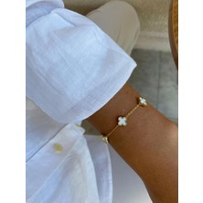 Sedef Taşlı Gold Çift Yönlü Yonca Van Cleff Mini Boy Çelik Bileklik