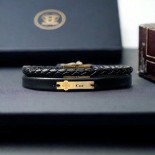 14 Ayar Altın Plakalı Can Yazılı Çiçek Figürlü Doğal Siyah Derili Hediye BILEKLIK-539ISIM