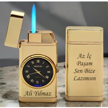 Kişiye Özel Çift Yön Baskı Turbo Jet Işıklı Saatli Çakmak -Kutulu ve Hediye Paketinde
