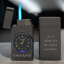 Kişiye Özel Çift Yön Baskı Turbo Jet Işıklı Saatli Çakmak -Kutulu ve Hediye Paketinde
