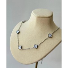 Taşlı Silver Beyaz Çift Yönlü Beş Yonca Van Cleff Mini  Boy Çelik Kolye