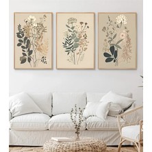 Mc Home Art Doğal Ahşap Çerçeveli Uv Baskı 3'lü Soyut Çiçek Desenli Tablo Seti – Modern & Şık Duvar Dekoru