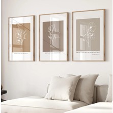 Mc Home Art Doğal Ahşap Çerçeveli Uv Baskı 3'lü Soyut Çiçek Desenli Tablo Seti – Modern & Şık Duvar Dekoru