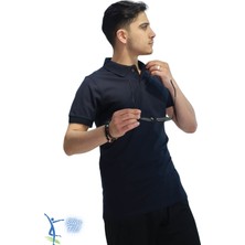 Erkek Slim Fit Dar Kesim Pamuklu Yumuşak Doku Nefes Alan Kumaş Kıvrılmaz Yaka Haki Polo Yaka Tişört Lacivert