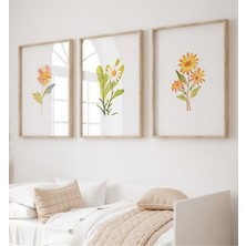 Mc Home Art Doğal Ahşap Çerçeveli Uv Baskı 3'lü Minimalist Çiçek Desenli Tablo Seti – Modern & Şık Duvar Dekoru