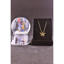 Sevgiliye El Ele Tutuşan Aşıklar Kar Küresi 9 cm ve Zirkon Taş Kolye Set