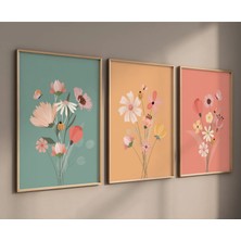 Mc Home Art Doğal Ahşap Çerçeveli Uv Baskı 3'lü Renkli Çiçek Buketleri Tablo Seti – Modern & Şık Duvar Dekoru