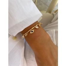 Nazar Siyah Göz ve Yıldız Figürlü Zirkon Taşlı Ayarlamalı Açık Gold Bileklik