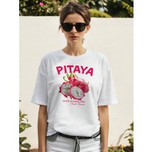 Pitaya Ön Baskılı Oversize T-Shirt Erkek Kadın Pamuk Bisiklet Yaka Tişort