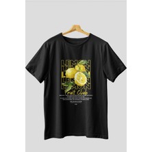 Lemon Ön Baskılı Siyah Oversize T-Shirt Erkek Kadın Pamuk Bisiklet Yaka Tişort