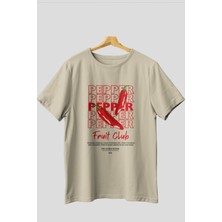 Pepper Ön Baskılı Bej Oversize T-Shirt Erkek Kadın Pamuk Bisiklet Yaka Tişort