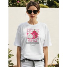Pitaya Ön Baskılı Beyaz Oversize T-Shirt Erkek Kadın Pamuk Bisiklet Yaka Tişort