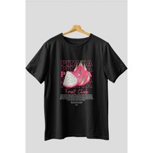 Pitaya Ön Baskılı Siyah Oversize T-Shirt Erkek Kadın Pamuk Bisiklet Yaka Tişort