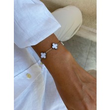 Taşlı Silver Beyaz Çift Yönlü Yonca Van Cleff Orta Boy Çelik Bileklik