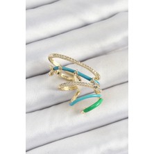 Pirinç Zirkon Taşlı Mavi Yeşil Sıkıştırma Sağ Kıkırdak Gold Renk Kadın Küpe