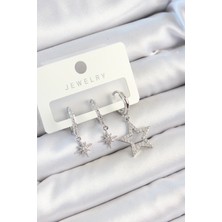 Pirinç Zirkon Taşlı Yıldız Model Gümüş Renk 3'lü Çift Kadın Küpe Set