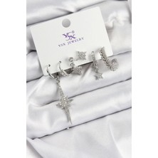 Pirinç Zirkon Taşlı Kutup Yıldızı Model Gümüş Renk 3'lü Çift Kadın Küpe