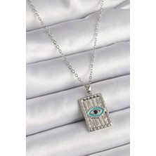 316L Çelik Gümüş Renk Zirkon Taşlı Göz Işleme Detaylı Plaka Model Kadın Kolye