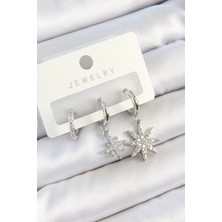 Pirinç Zirkon Taşlı Kutup Yıldızı Model Gümüş Renk 3'lü Çift Kadın Küpe Set