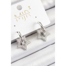 Pirinç Zirkon Taşlı Yıldız Figürlü Halka Model Gümüş Renk Kadın Küpe