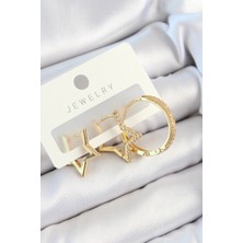 Pirinç Zirkon Taşlı Yıldız ve Halka Model Gold Renk 3'lü Çift Kadın Küpe Set
