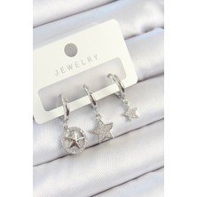 Pirinç Zirkon Taşlı Yıldız Model Gümüş Renk 3'lü Çift Kadın Küpe Set