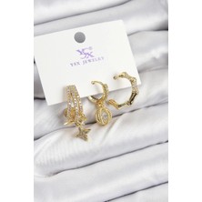 Pirinç Zirkon Taşlı Sallantılı Yıldız Model Gold Renk 3'lü Kadın Küpe