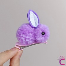 2'li Peluş Tavşanlı Pens Toka Seti Mor - Çocuk Saç Aksesuarı Yumuşak Klipsli Yan Saç Tokası