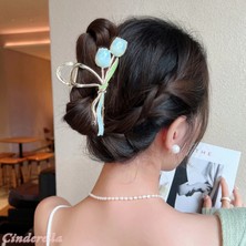 Zarif Şık Mavi Lale Çiçekli Model Kadın Metal Mandal Toka 11CM Gold - Mandallı Saç Topuz Tokası