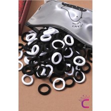 100'LÜ Siyah Beyaz Çantalı Minik Elastik Lastik Toka Seti - Kadın Çocuk Yumuşak Saç Tokası Model-4