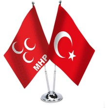 Asilmeydan Kırmızı Mhp ve Türkiye İkili Saten Masa Bayrağı