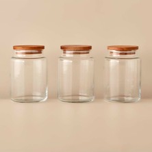 Turuncu Ahşap Kapaklı 3'lü Saklama Kavanoz Seti (890 Cc)