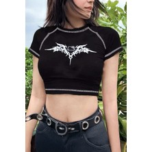 Siyah Anime Gotik Hello Kitty Y2K Kısa Kollu Crop