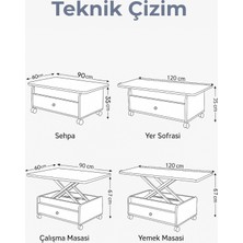 Neva Mobilya Serra Akıllı Sehpa Efes Mermer Desenli Tekerlekli Çift Çekmeceli 4 Kademe Fonksiyonlu 120x90x67 Cm