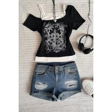 Siyah Embrace The Chaos Ek Askılı Gotik Y2K Kısa Kollu Full Body Crop