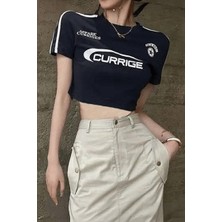 Lacivert Appare Currige Y2K Kısa Kollu Crop