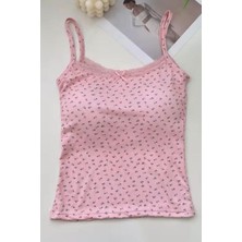 Pembe Minik Fiyonk ve Çiçek Desenli Y2K Destekli Askılı Crop