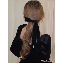 Fransız Tarzı Uzun Kurdele Inci Dekor Siyah Kadife Fiyonk Otomatik Toka - Zarif Kadın Saç Tokası