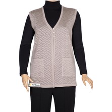 Hesna Kadın Yakut Triko Ajurlu Cepli Düğmeli Yırtmaçlı Taş Beji Yelek