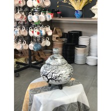 Siyah Beyaz Ağaç Desenli El Yapımı Seramik Saksı – Kapaklı & Ayaklı Çok Amaçlı Saksı