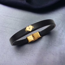 14 Ayar Altın Plakalı F Harfine Özel Kalp Figürlü Hakiki Siyah Derili Hediye BILEKLIK-542HARF