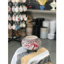 Kırmızı Ağaç Desenli El Yapımı Seramik Saksı – Gri Zeminli Ayaklı Dekoratif Saksı