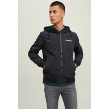 Jack & Jones JJERUSH HOOD BOMBER NOOS Siyah Erkek Mont Orta Kalınlık Dokuma Kumaşlı Özellikli
