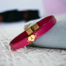 14 Ayar Altın Plakalı A Harfine Özel Kalp Motifli Doğal Pembe Derili Hediye BILEKLIK-544HARF