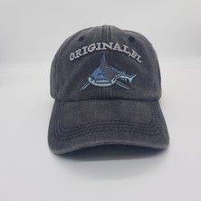 Köpekbalığı nakışlı yıkamalı pamuklu şapka