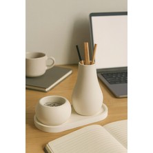 3 Parça El Yapımı Masaüstü Organizer Set – Minimalist Kalemlik, Mumluk ve Tepsi – Modern Masa Dekoru