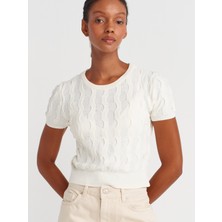 10788 Bisiklet Yaka Dokulu Triko Bluz-Beyaz