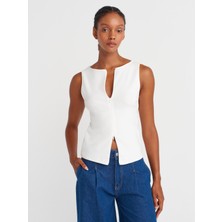 31764 Fermuar Detaylı Top-Ekru