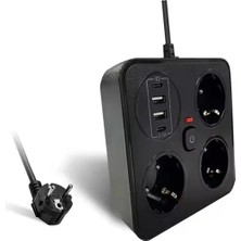 Akım Korumalı Anahtarlı Priz - 3x Priz - 2x USB - 2x Type-C - 2 mt Kablo Hızlı Şarj Özellikli Siyah